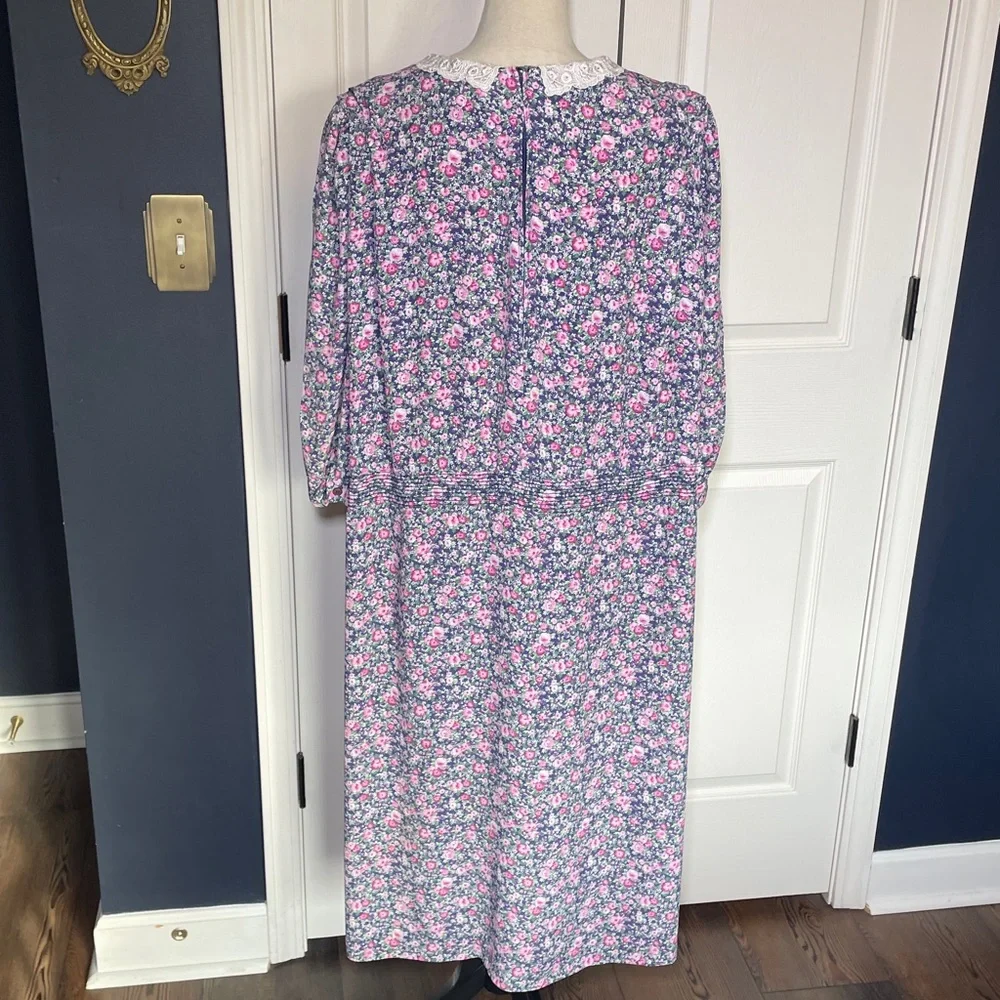 Vintage KSL Floral Midi Dress Crochet Collar Pink & Blue 3/4 Sleeve Size 20 - Picture 5 of 13